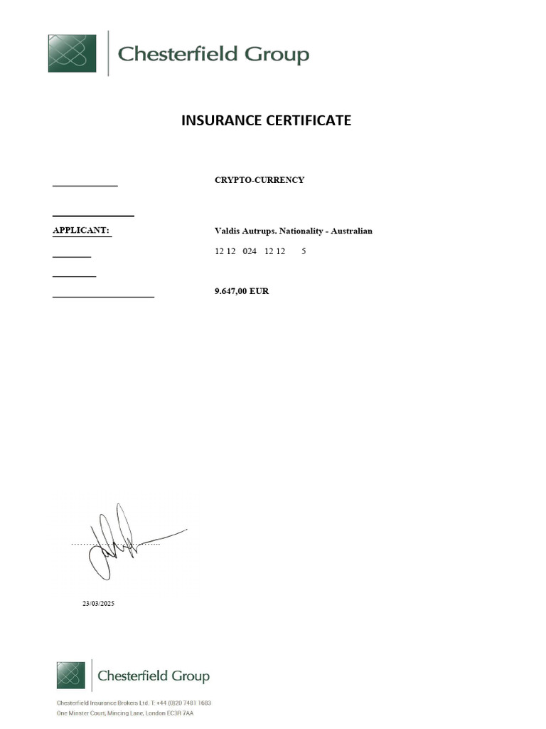 Crypto Insurance Certificate Overview | PDF