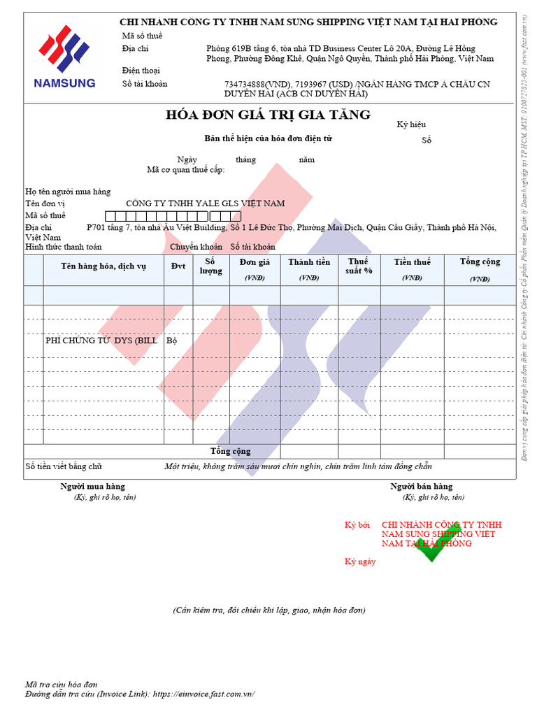 Hóa Đơn Giá Trị Gia Tăng: Chi Nhánh Công Ty Tnhh Nam Sung Shipping Việt