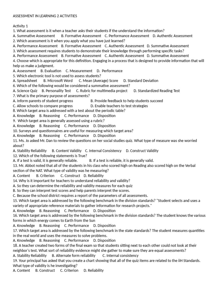Learning Assessment Activities Quiz | PDF | Educational Assessment ...