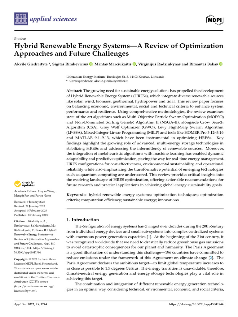 Hybrid Renewable Energy Systems-A Review of Optimization Approaches and ...