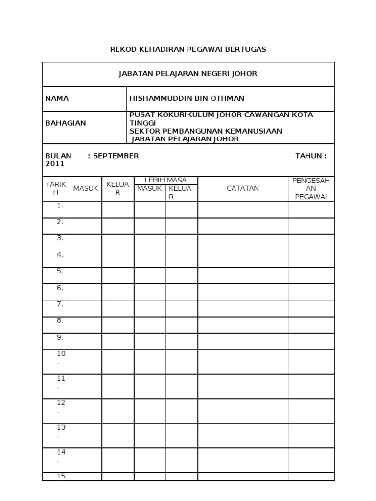 Rekod Kehadiran Pegawai Bertugas | PDF