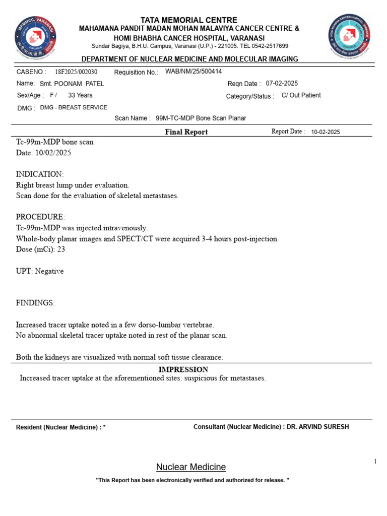 Bone Scan Report for Breast Evaluation | PDF | Nuclear Medicine ...