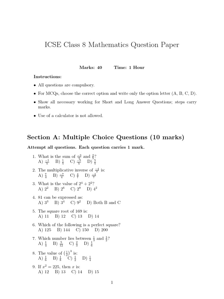 ICSE Class 8 Math Question Paper | PDF | Multiple Choice | Mathematics