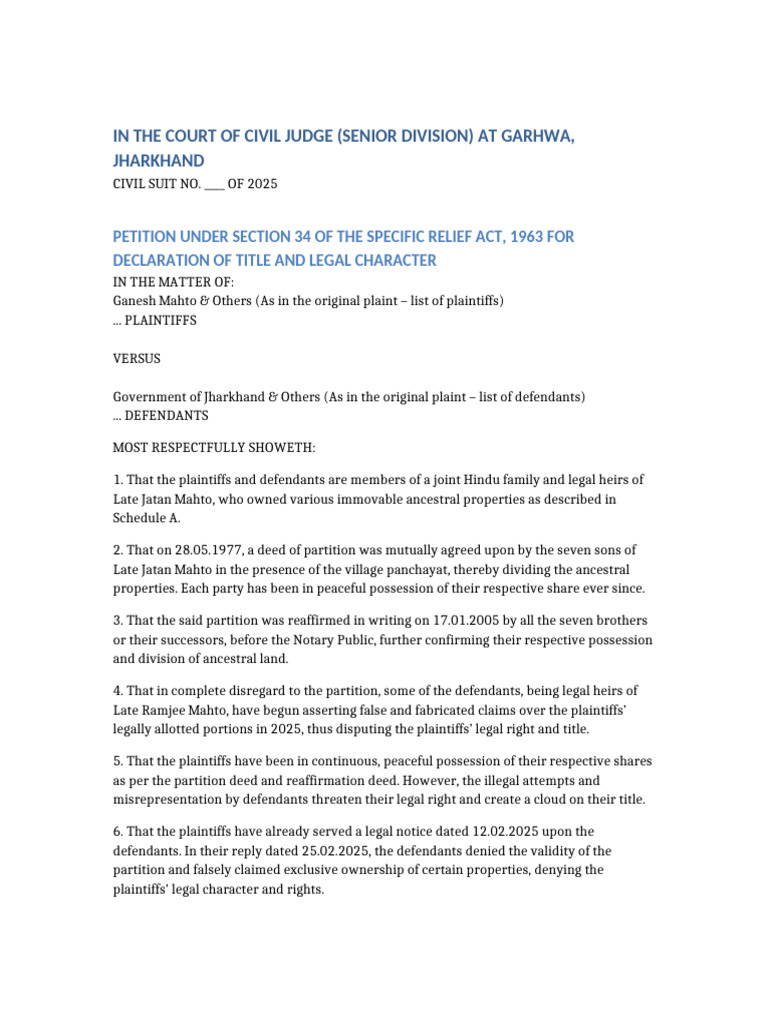 Petition_Under_Section_34_Specific_Relief_Act | PDF | Lawsuit | Property
