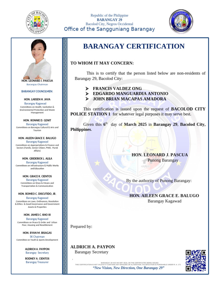 Barangay 29 Certification of Non-Residents | PDF
