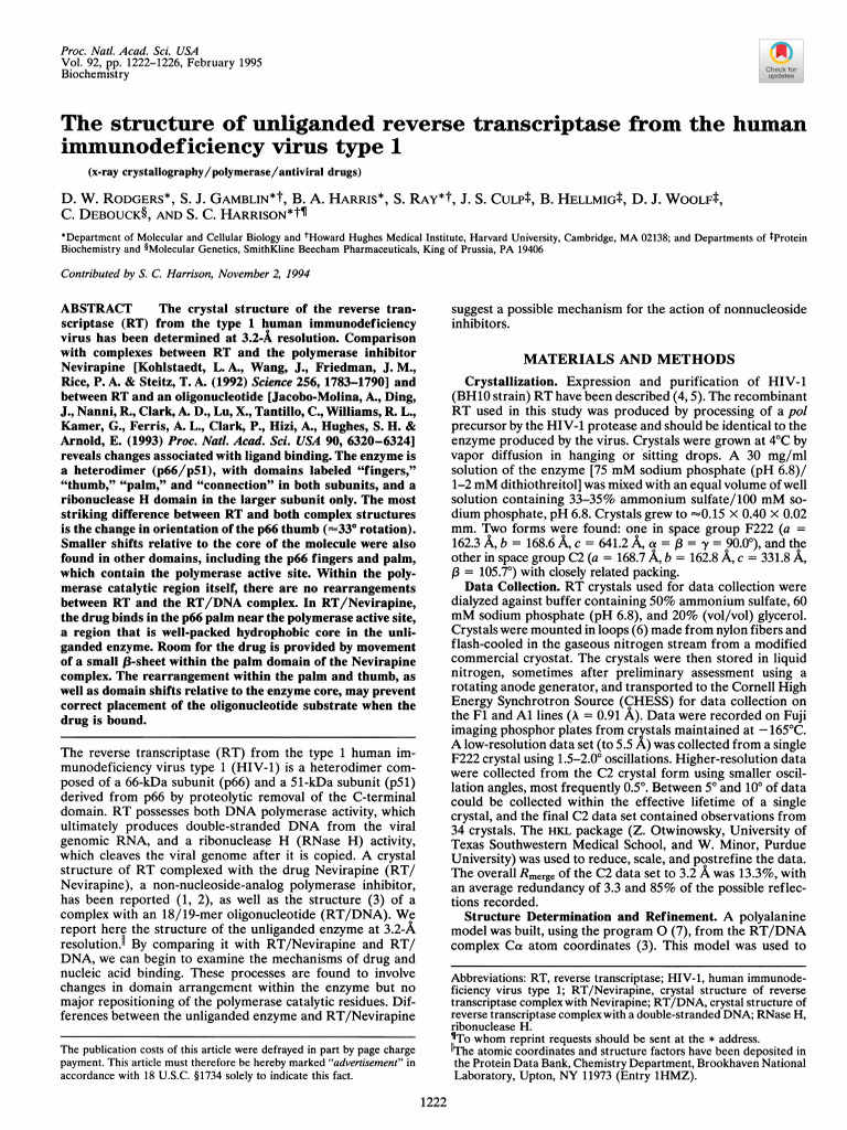 Rodgers Et Al 1995 The Structure of Unliganded Reverse Transcriptase ...