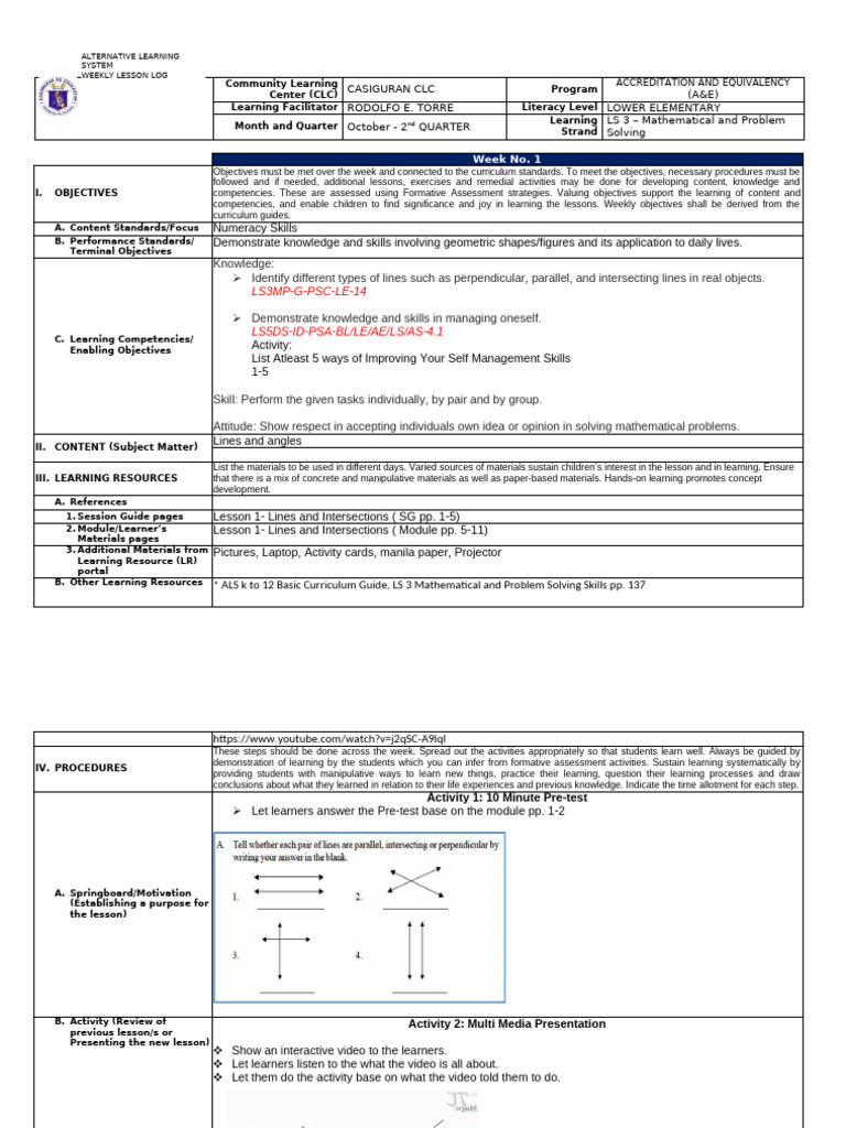 ALS Weekly Lesson Plan: Math Skills | PDF | Learning | Teachers