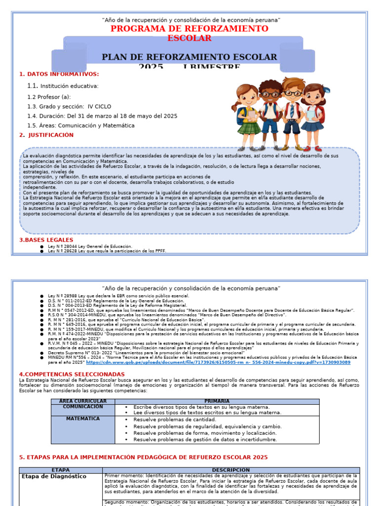 Plan de Refuerzo Escolar 2025 | PDF | Aprendizaje | Evaluación