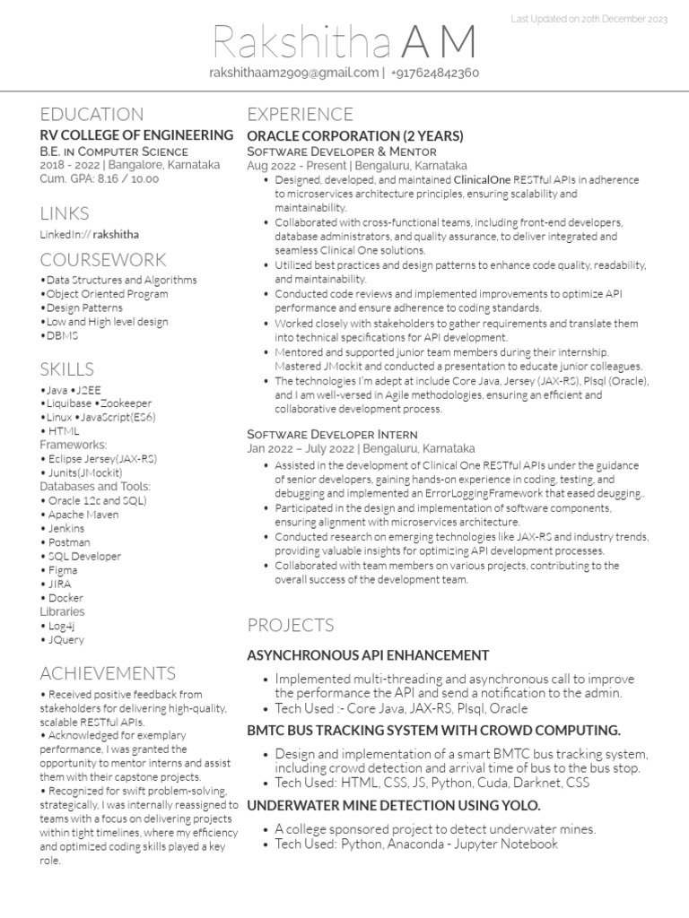 Software Developer Resume - Rakshitha A M | PDF | Databases | Java ...