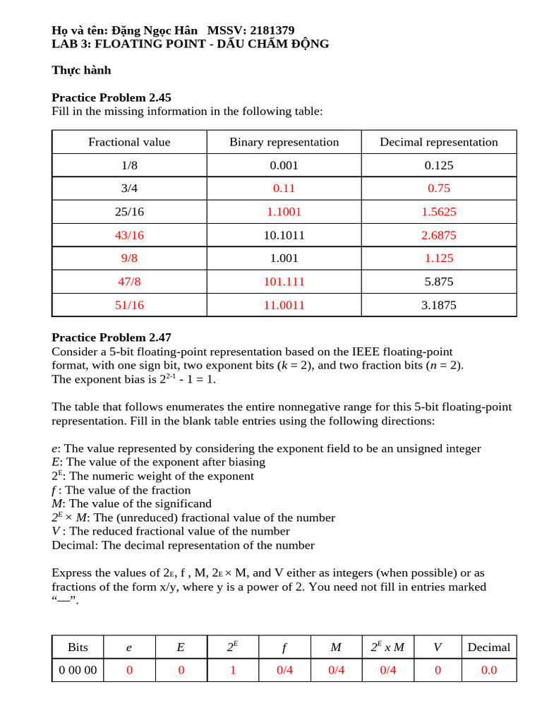Floating Point Representation Practice | PDF | Decimal | Elementary ...