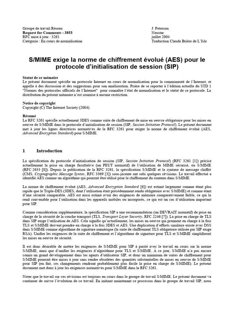 RFC 3853 | PDF | séance d'initiation au protocoles | Cryptage