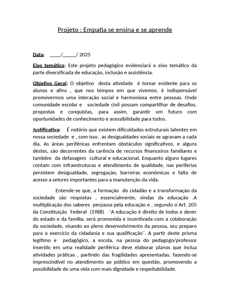 Projeto de Empatia e Inclusão Social | PDF | Pedagogia | Psicologia