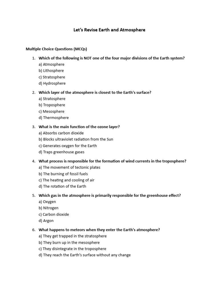 Earth and Atmosphere MCQs and Answers | PDF | Atmosphere Of Earth | Earth