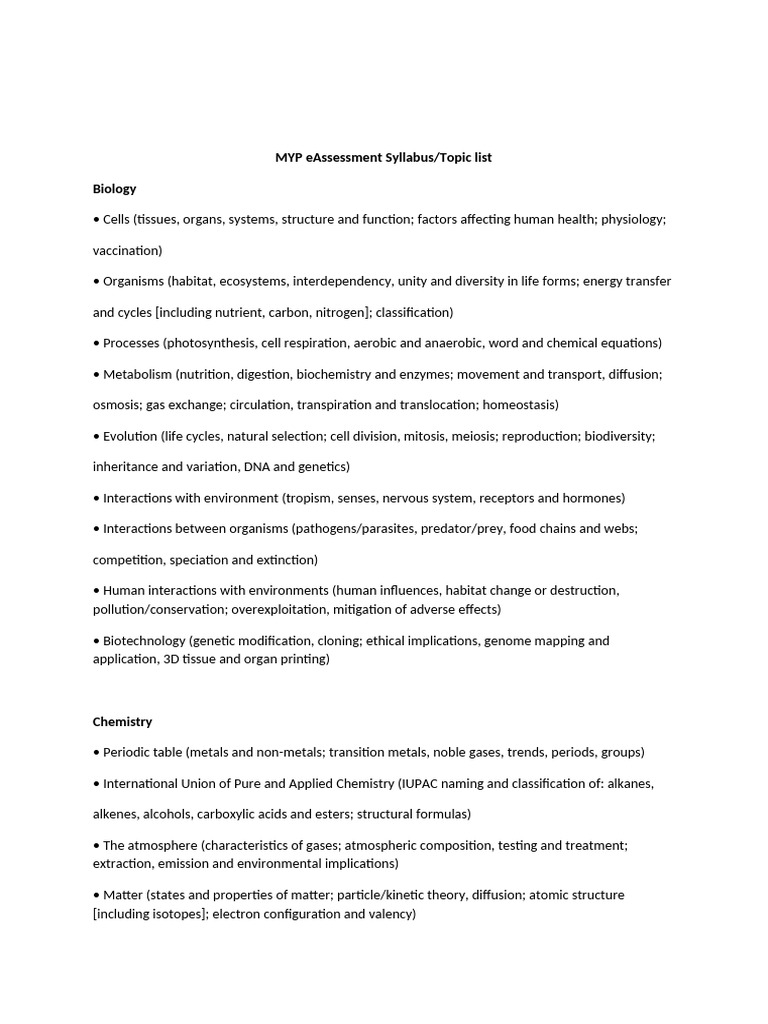MYP Biology, Chemistry, Physics Topics | PDF | Chemical Reactions | Force
