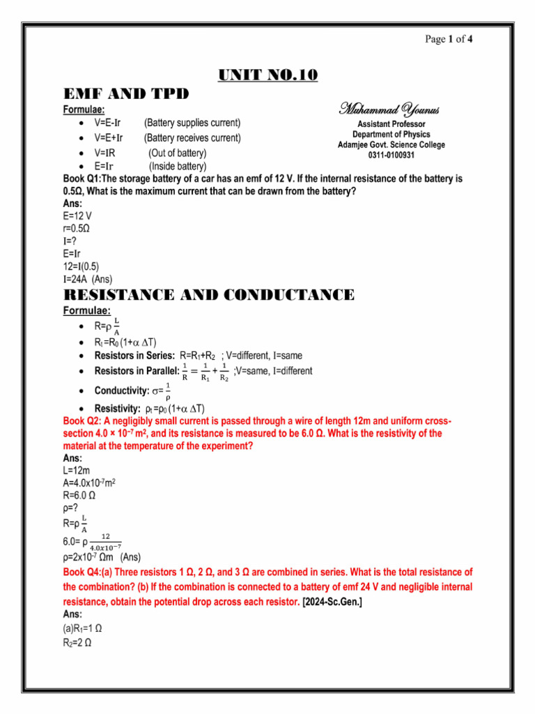 Xi Unit 10 Numericals Sheet by Professor Younus-Agsc | PDF