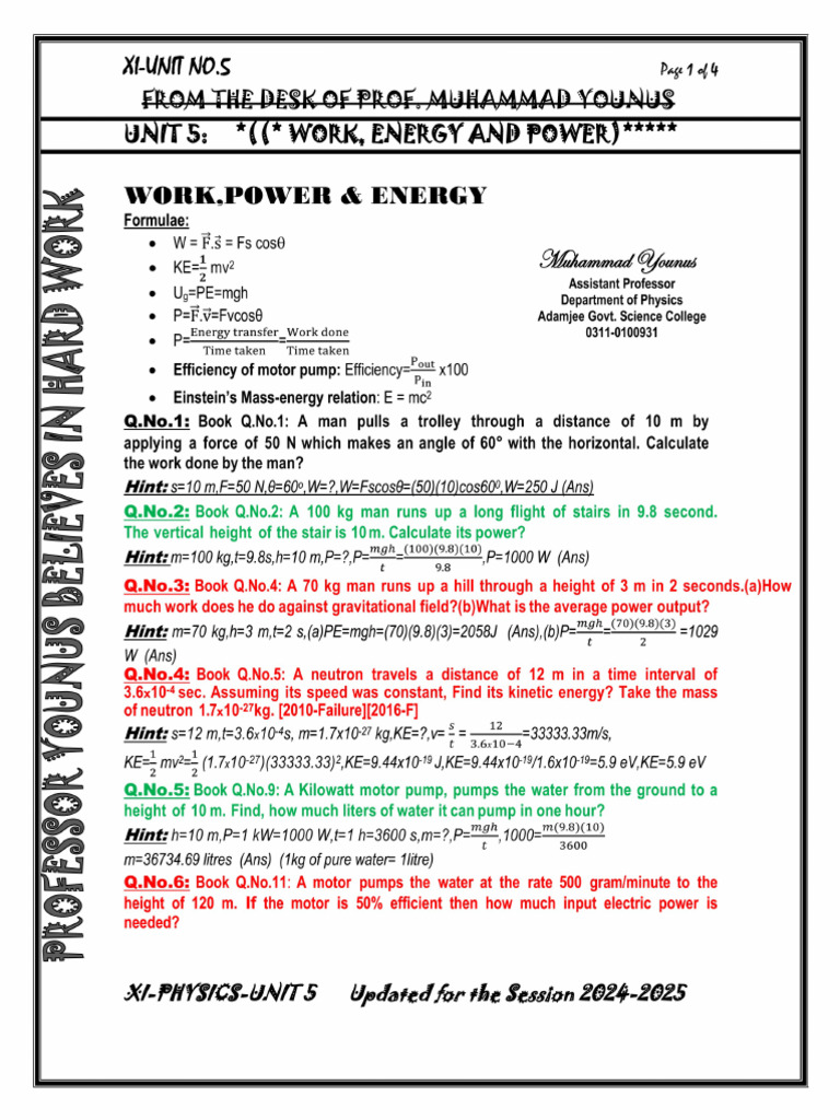 Xi Unit 5 Numericals Sheet by Professor Younus-Agsc | PDF