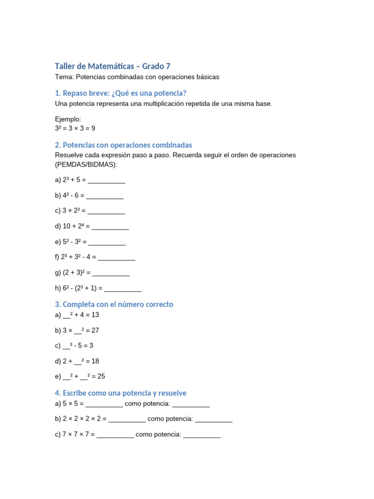 Potencias Y Operaciones Básicas Grado 7 Pdf