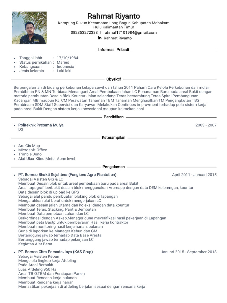 Profil Karir Rahmat Riyanto di Perkebunan | PDF