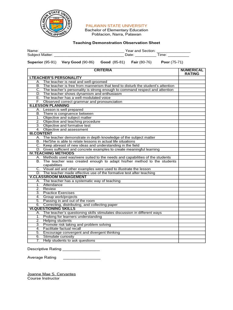 Teaching Observation Evaluation Sheet | PDF | Teachers | Learning
