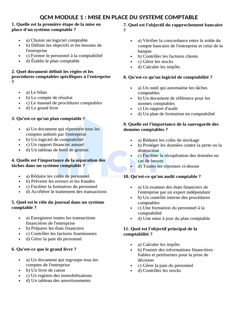 QCM Module 1 Mise en Place D'un Systeme Comptable | PDF | Comptabilité ...