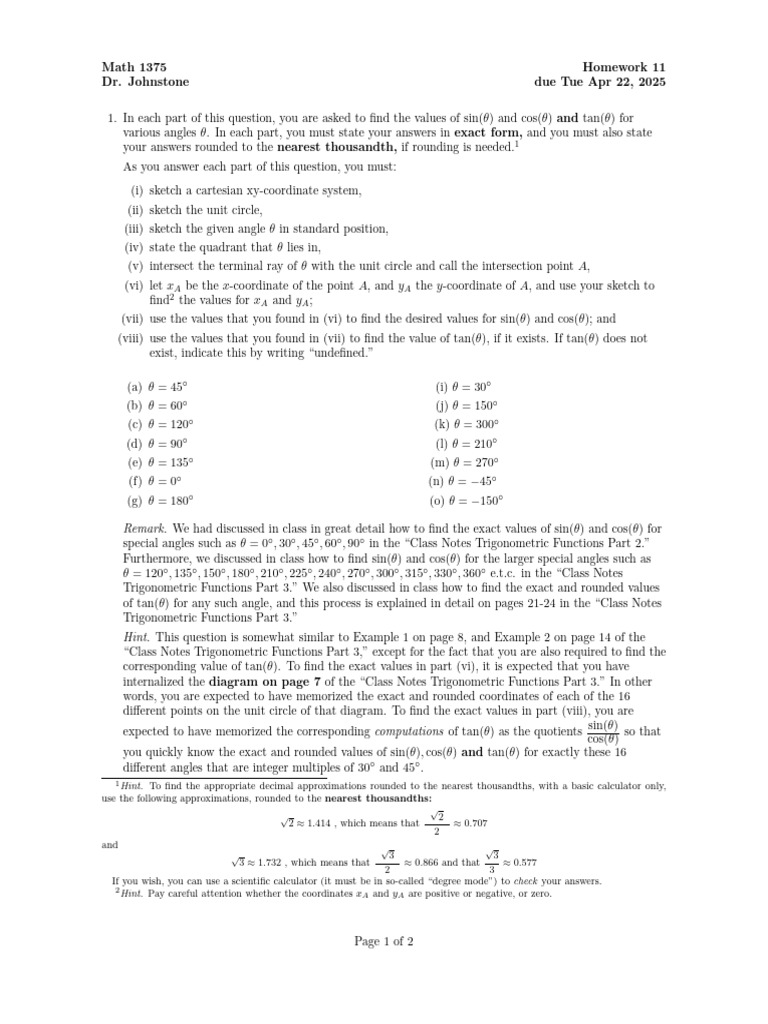 HMWK 11 MAT1375 Due Apr 22 Soln | PDF | Trigonometric Functions ...