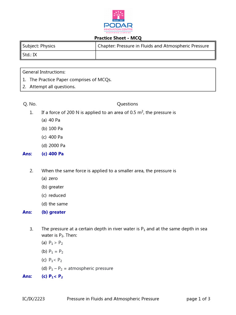 MCQs on Pressure in Fluids | PDF | Pressure | Transparent Materials
