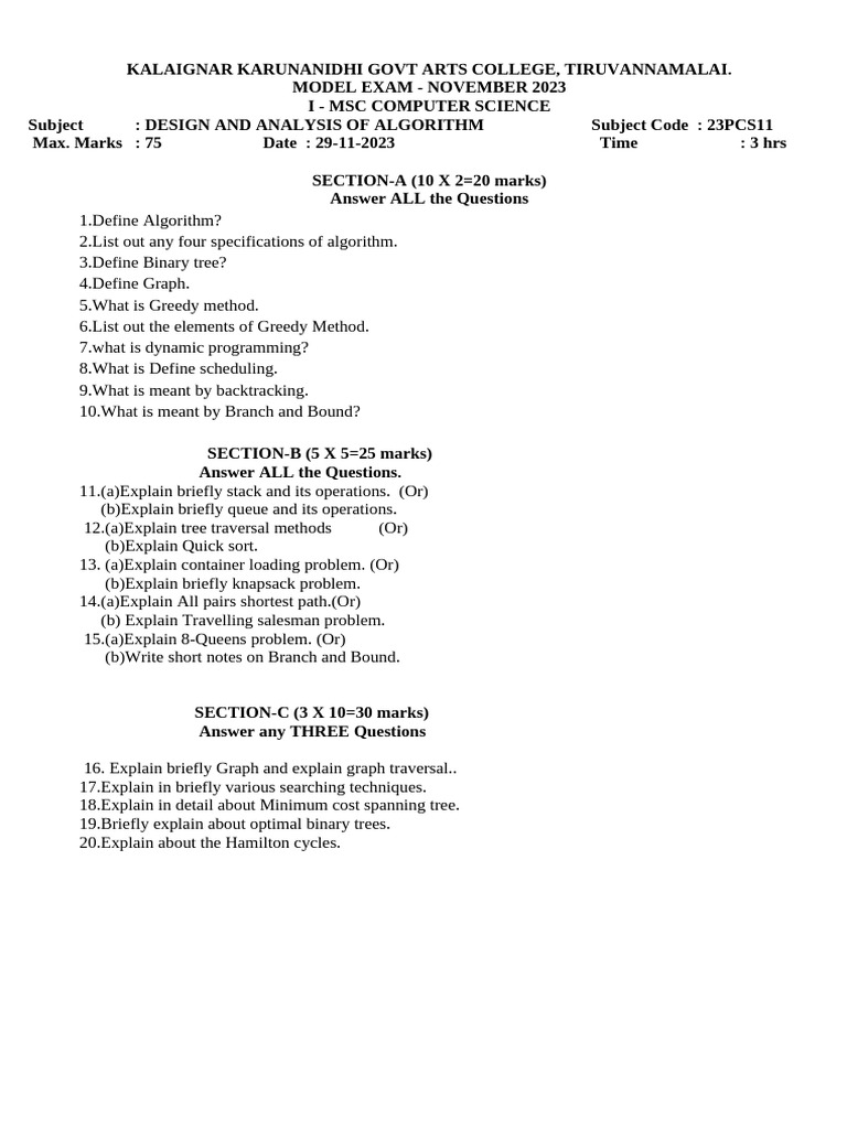 DAA Exam Model for MSC Computer Science | PDF