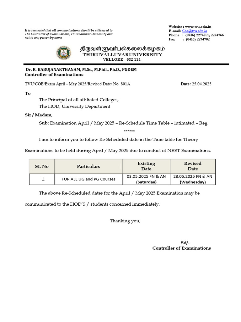 Thiruvalluvar University Exam Schedule 2025 | PDF