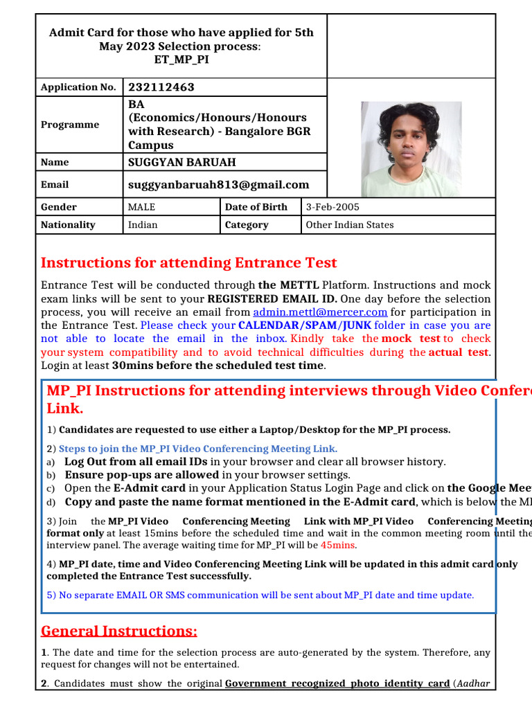 Admit Card Instructions for BA Economics Test | PDF | Identity Document ...