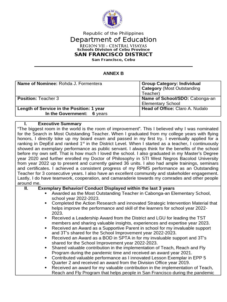 ROHDA Nominee Write Up OUTSTANDING TEACHER | PDF | Learning