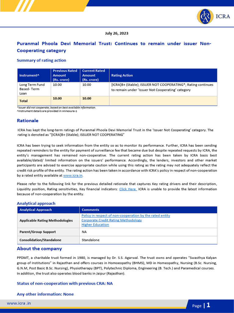 Puranmal Phoola Devi Memorial Trust | PDF | Credit Rating Agency | Money