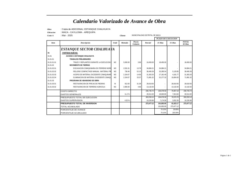 Calendario Valorizado (X Quincena) | PDF