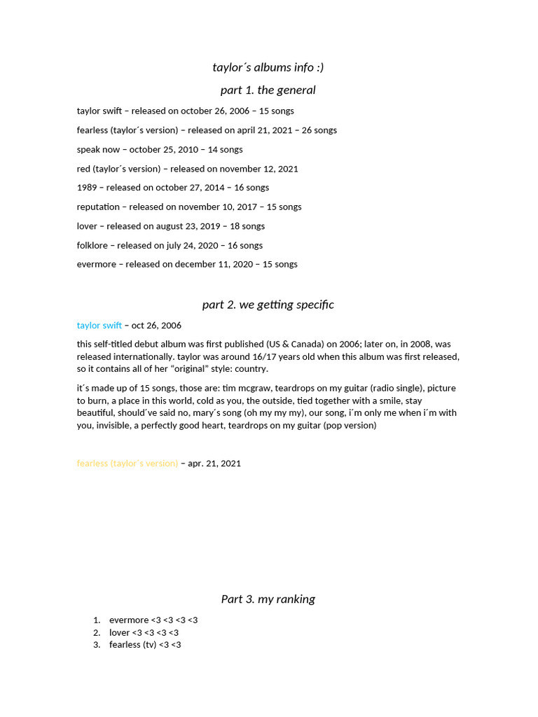 Taylor Swift Album Overview & Ranking | PDF