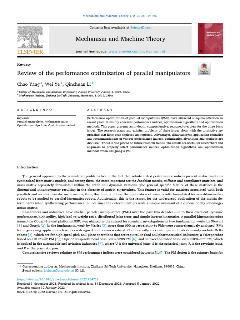 Performance Optimization of Parallel Manipulators | PDF | Mathematical ...