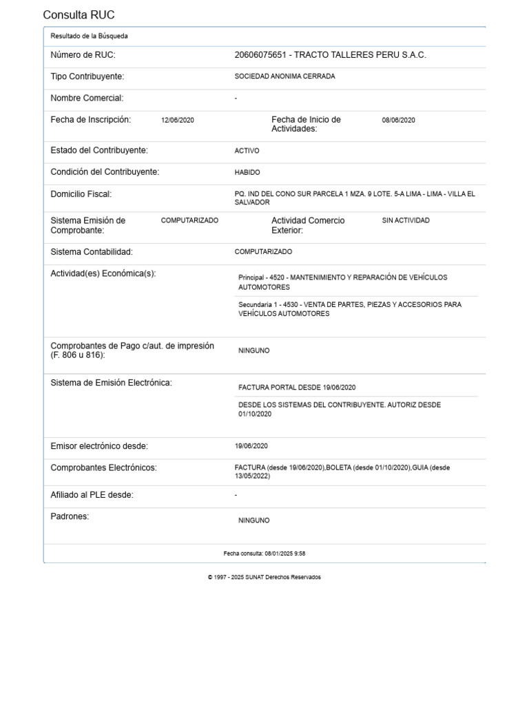 Consulta RUC TRACTO TALLERES PERU S.A.C. | PDF