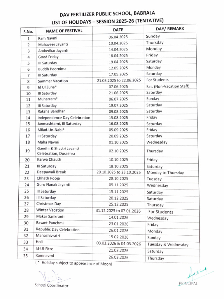DAVFPS - List of Holidays 2025-26 | PDF | Religious Holidays | Observances