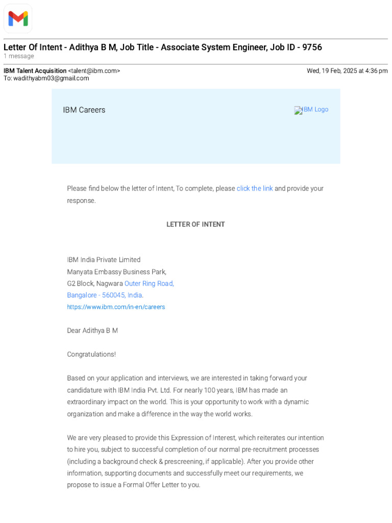 IBM Job Offer Letter of Intent | PDF