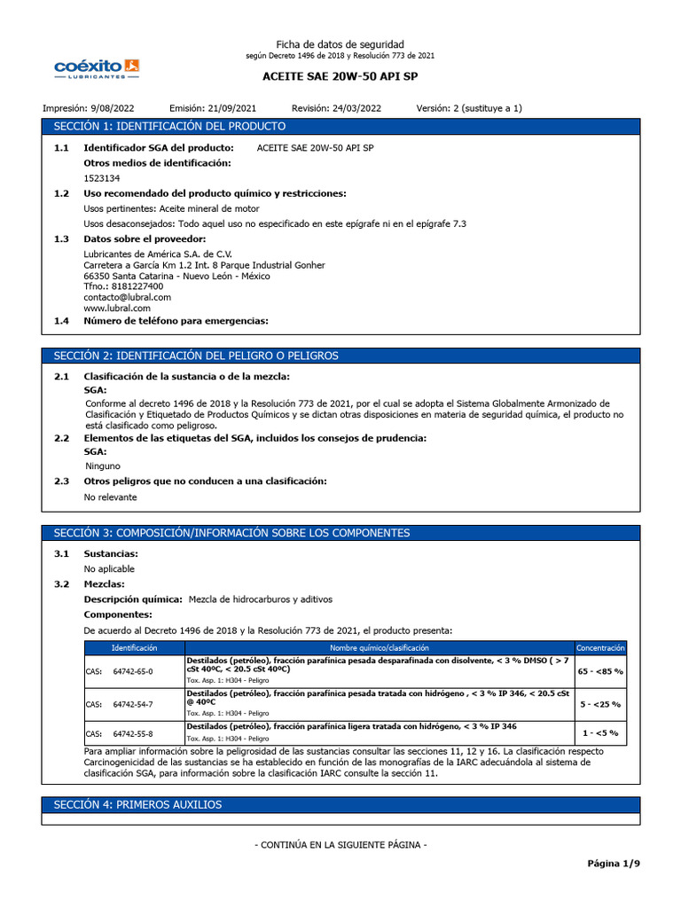Msds Aceite Sae 20w-50 API SP Coexito | PDF | Sustancias químicas | Química