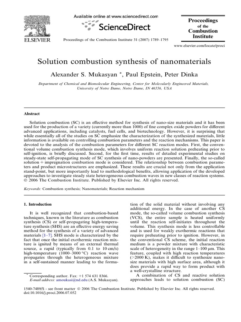 Solution Combustion Synthesis of Nanomaterials | PDF | Combustion ...