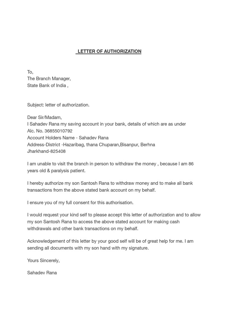Authorization Letter for Bank Withdrawal | PDF