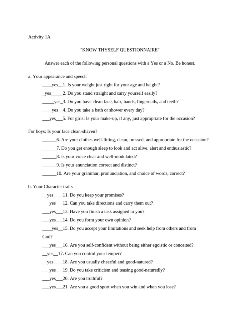 Self-Reflection and Awareness Questionnaire | PDF | Self Awareness ...