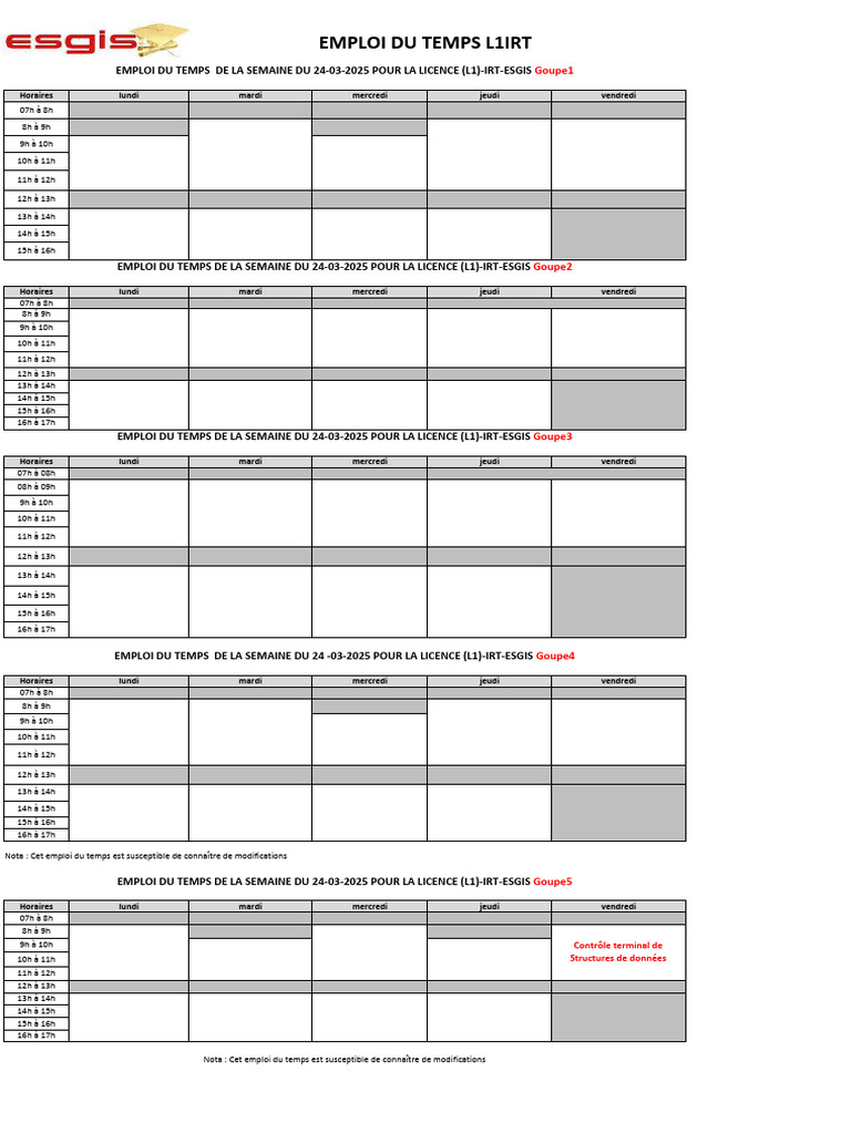 Emploi du Temps L1IRT - Semaine 24/03/2025 | PDF | Informatique ...