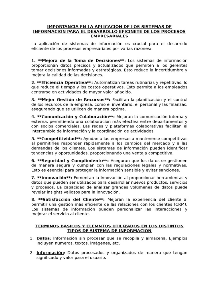 Importancia en La Aplicacion de Los Sistemas de Informacion para El ...