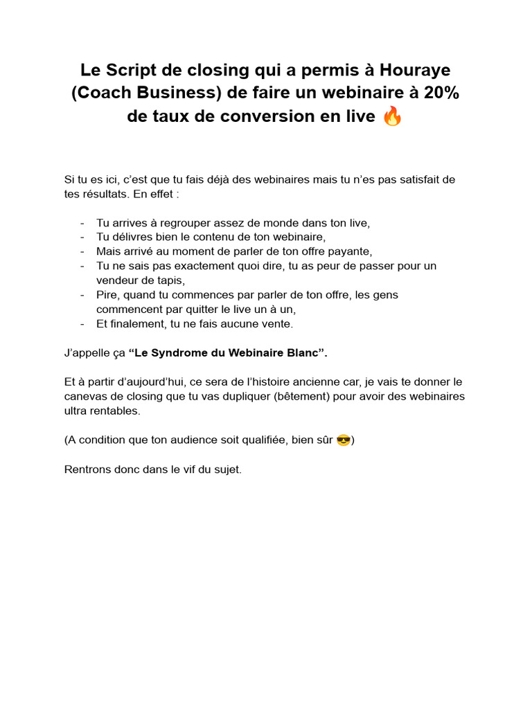 Script de Closing pour Webinaires Rentables | PDF
