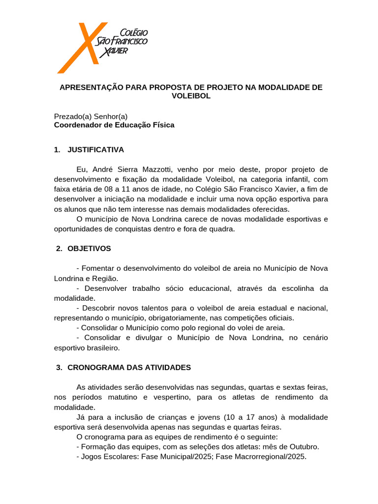 Projeto de Voleibol Infantil em Nova Londrina | PDF | Voleibol | Orçamento
