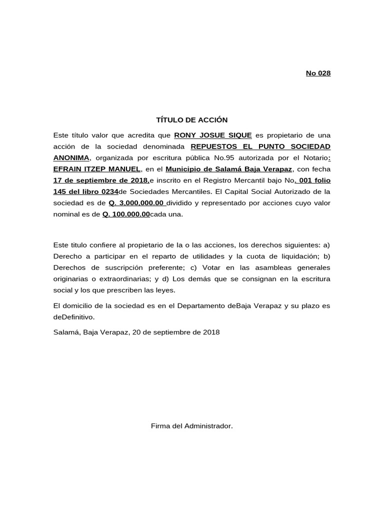 Títulos de Acción de Repuestos El Punto | PDF | Compartir (Finanzas