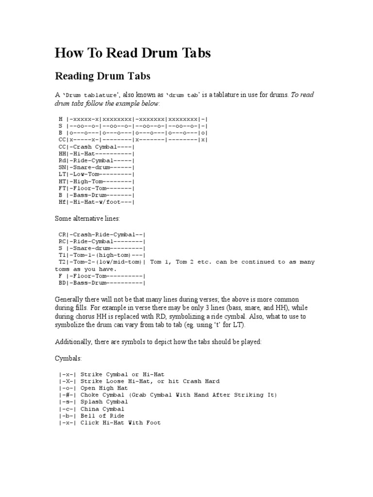 How To Read Drum Tabs PDF Drum Kit Tempo