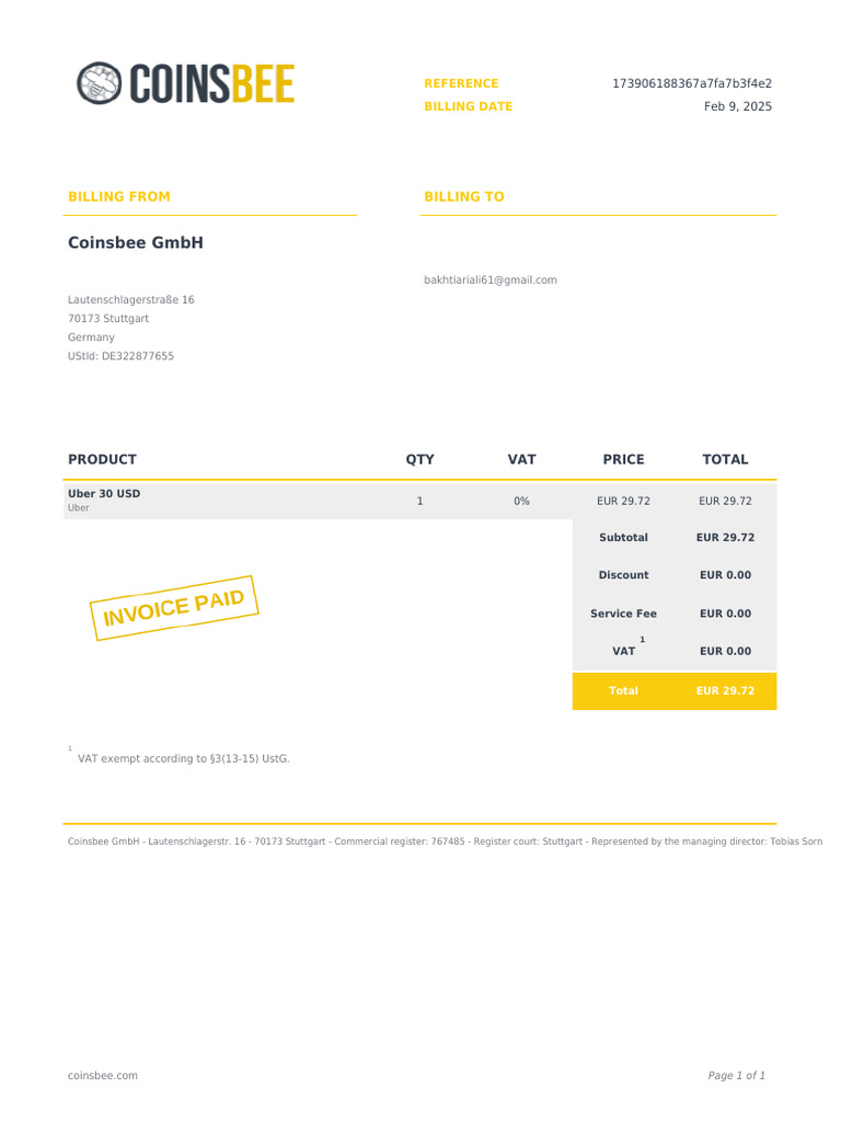 Uber Purchase Invoice from Coinsbee | PDF