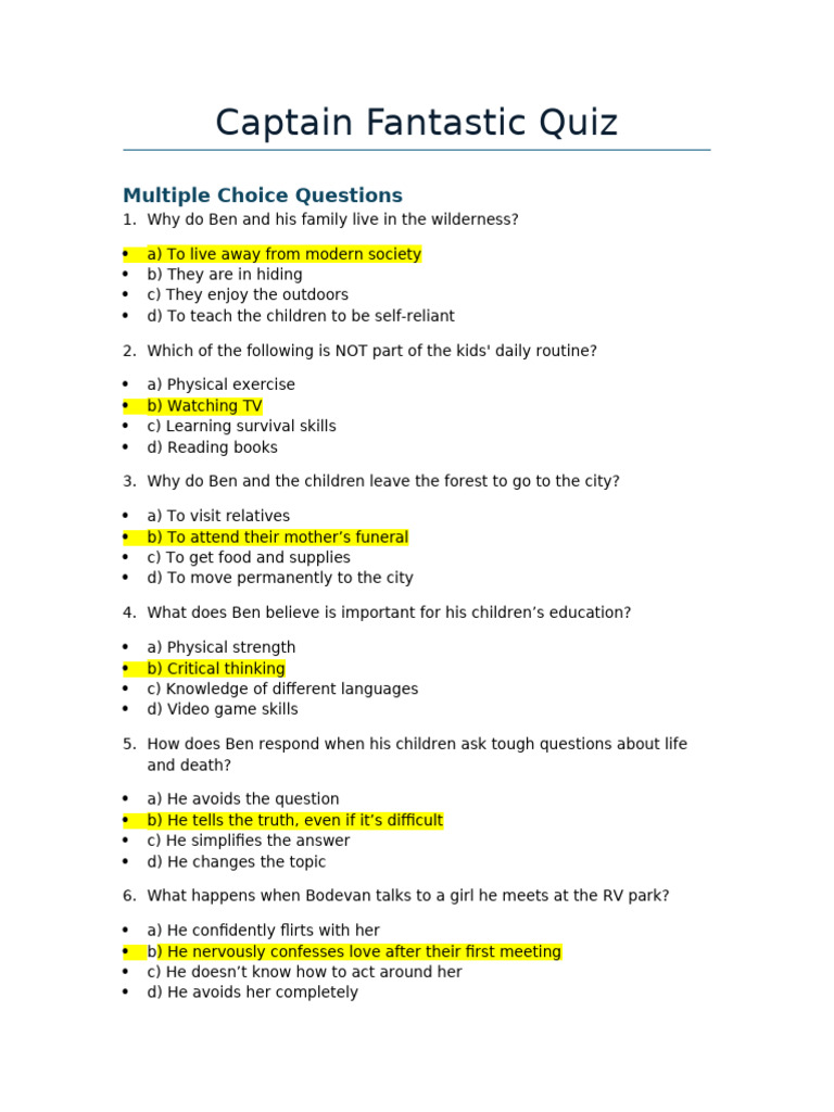 Captain Fantastic Quiz Questions | PDF