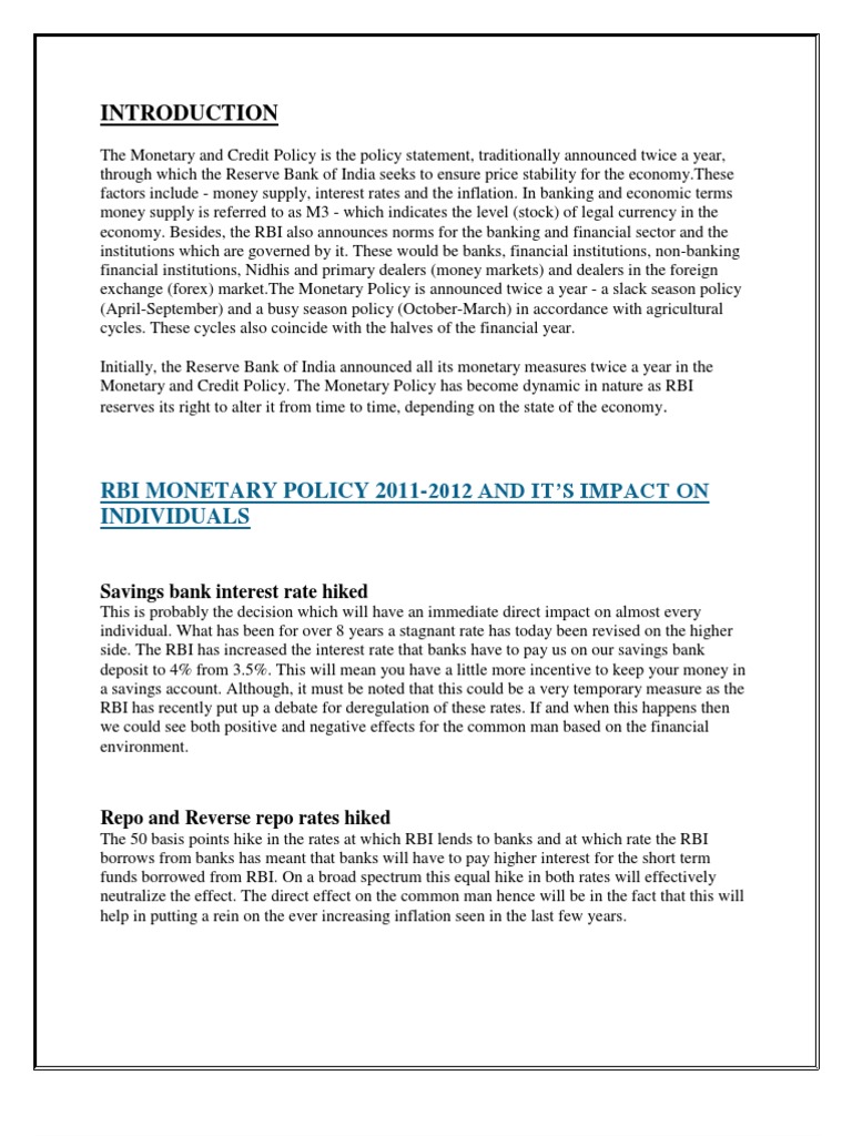 RBI Monetary Policy Impact Overview | PDF | Reserve Bank Of India ...